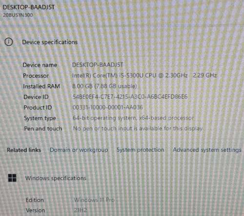Lenovo T440 Dual Battery, 14` Display, Intel i5-5300U@2.3GHz, 8GB RAM, 128GB SSD, Windows 11 Pro