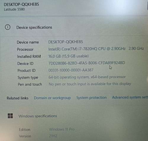 Dell Latitude E5580, Intel 7th Gen i7-7820HQ@2.9GHz, Nvidia GeForce 940MX GPU, 16GB RAM, 240GB NVMe