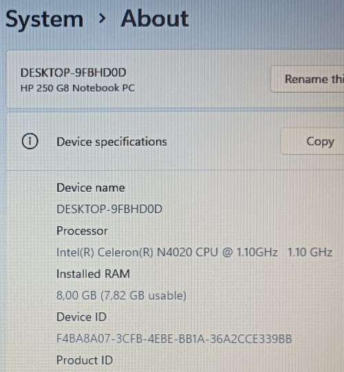 In original box, HP 250 G8, Intel Celeron N2040@1.1GHz, 8GB Memory, 240GB SSD, Windows 11 Pro