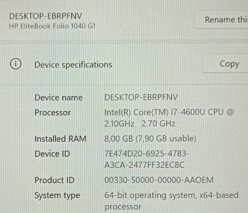 HP EliteBook Folio 1040 G1,14` FHD LED Display, Intel i7-4600U@2.7GHz, 8GB RAM, 256GB M.2 SSD, Win11