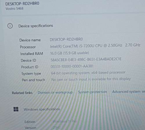 Dell Vostro 5468, 15` FHD display, 7th Gen i5-7200U@2.7GHz,16GB RAM, 128GB M.2 SSD, 500GB HDD, Win11
