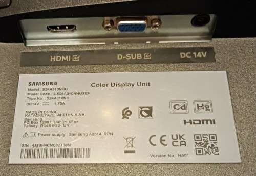 Samsung S24A310NHU 24` Full HD Flat Panel 60Hz refresh monitor, VGA and HDMI ports, 14V external PSU