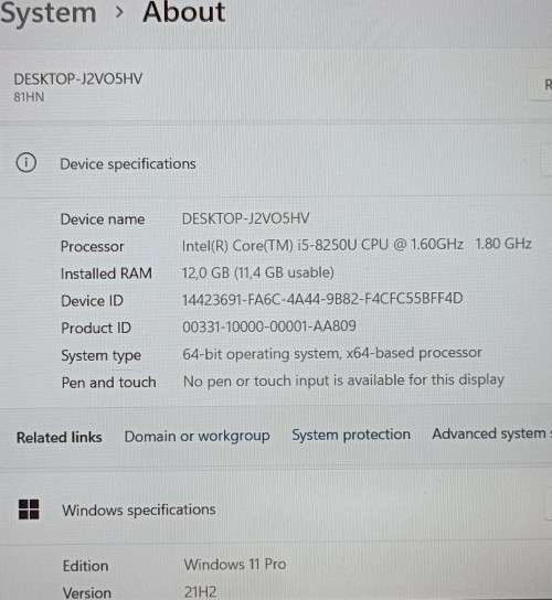 Lenovo V130-15IKB, 8th Gen i5-8250U@1.8GHz, 12GB RAM, 15.6` FHD LED Display, 256GB m.2 SSD, Win11