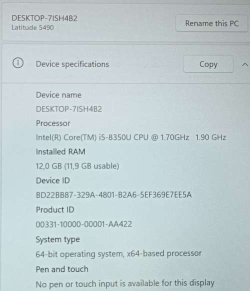 Dell Latitude E5490, 8th Gen i5-8350U@1.9GHz, 12GB RAM, Samsung 250GB SSD, FHD 14` LED Display