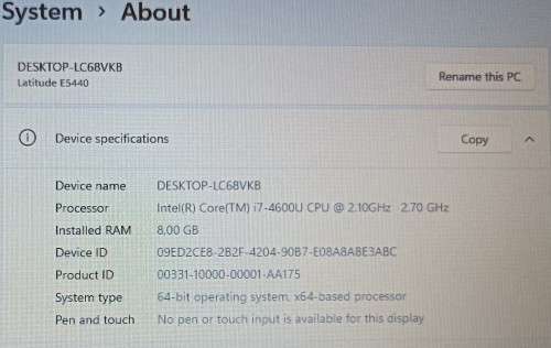Dell Latitude E5440, Nvidia GT720M GPU,  Intel i7-4600U@2.1GHz, 8GB RAM, 500GB HDD, 14`HD 1366*768