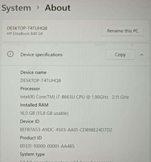 HP EliteBook 840 G6, Intel i7-8665U@2.1GHz, 16GB RAM, 512GB Samsung m.2 SSD, 14` FHD display, Win 11