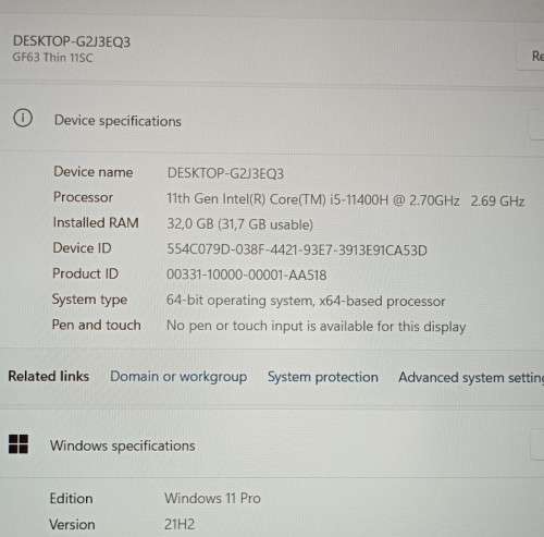 MSI GF63 Thin 11SC, Nvidia GTX 1650 4GB GPU, 11th Gen Intel i5-11400H@2.7GHz, 32GB RAM, 512GB M.2