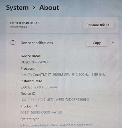 Lenovo T540p, Intel i7-4600M@2.9GHz, Nvidia GTX 740M GPU, 8GB RAM, 500GB HDD, Win11
