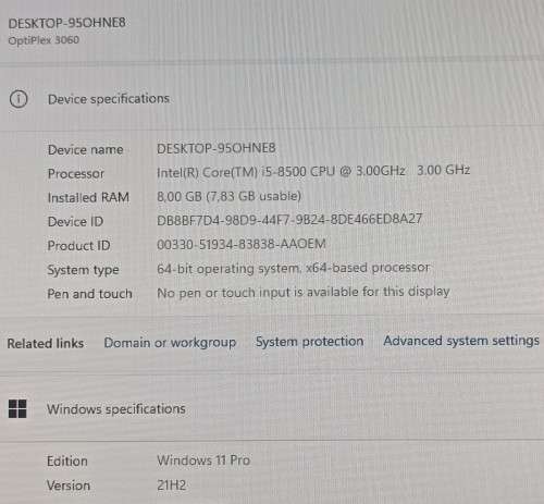 Dell OptiPlex 3060, Intel 8th Gen i5-8500@3GHz, 8GB Memory, 500GB HDD, Windows 11 Pro