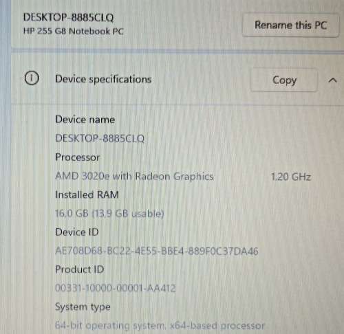 HP 255 G8, AMD 3020e with Radeon Graphics, 16GB RAM, 256GB m.2 SSD, 1Tb HDD, 15.6` 1366x768 Display