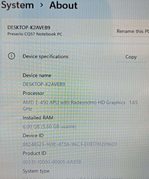 Compaq Presario CQ57, AMD E-450 APU@1.65GHz, 6GB Memory, 950GB HDD, 15.6` 1366*768 Display, Win11