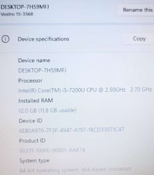 Dell Vostro 15-3568, Intel i5-7200U@2.5GHz, 12GB RAM, 240GB SSD, 15.6` Display (1366x768), Win11 Pro