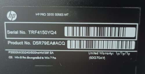 HP Pro3500 Series, Intel i3-3240@3.4GHz, 8GB RAM, 500GB HDD, Windows 11 Professional