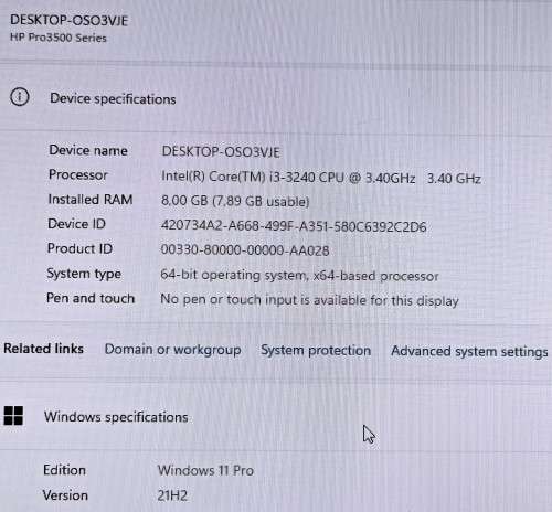 HP Pro3500 Series, Intel i3-3240@3.4GHz, 8GB RAM, 500GB HDD, Windows 11 Professional