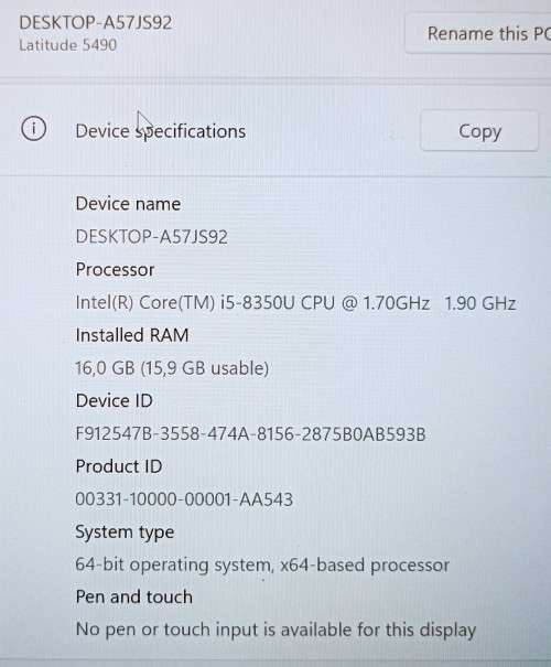 Dell Latitude E5490, 8th Gen i5-8350U@1.9GHz, 16GB RAM, 256GB m.2 SSD, 14` FHD Display, Win 11 Pro