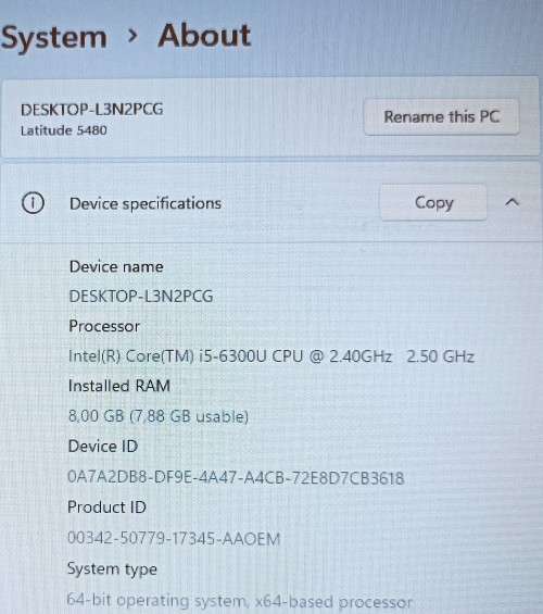 Dell Latitude 5480, Intel i5-6300U@2.4GHz, 8GB RAM, 256GB m.2 SSD, 14` 1366x768 Display, Win 11Pro