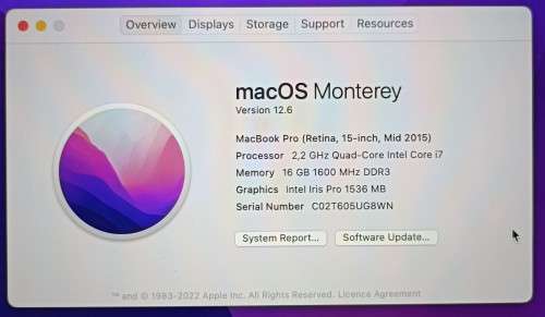 Apple MacBook Pro Retina 15` Mid 2015 A1398, 16GB RAM, Intel i7@2.2GHz, 250GB SSD, MacOS Monterey