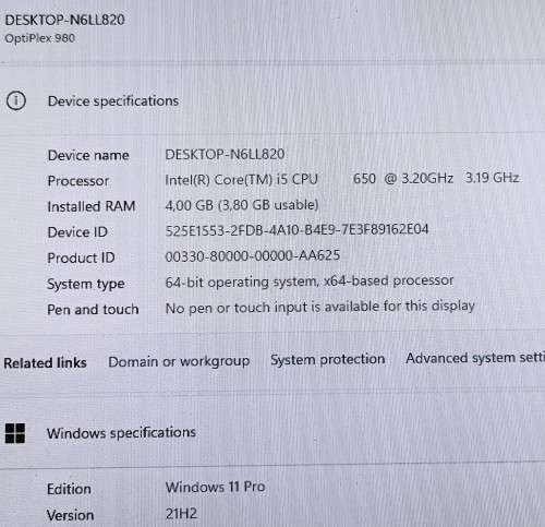 Dell OptiPlex 980, Intel i5-650@3.2GHz, 4GB Memory, 500GB Hard Disk Drive, Windows 11 Pro