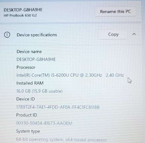 HP ProBook 650 G2, Intel i5-6200U@2.3GHz, 16Gb RAM, 128Gb m.2 SSD, 15.6` (1366x768) Display, Win 11