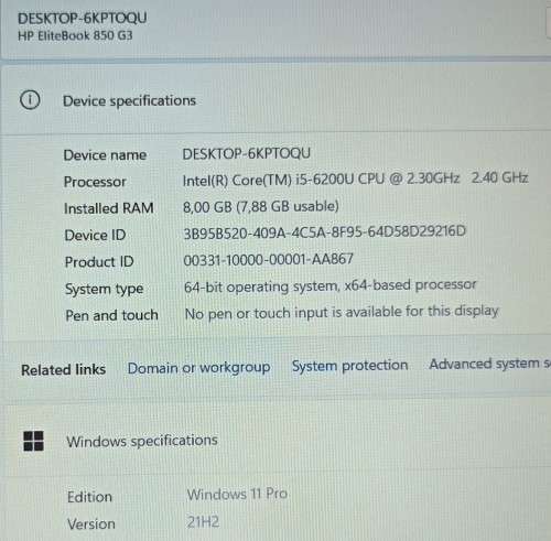 HP EliteBook 850 G3, Intel i5-6200U@2.3GHz, 8GB RAM, 256GB m.2 SSD, 15.6` FHD LED Display, Win11