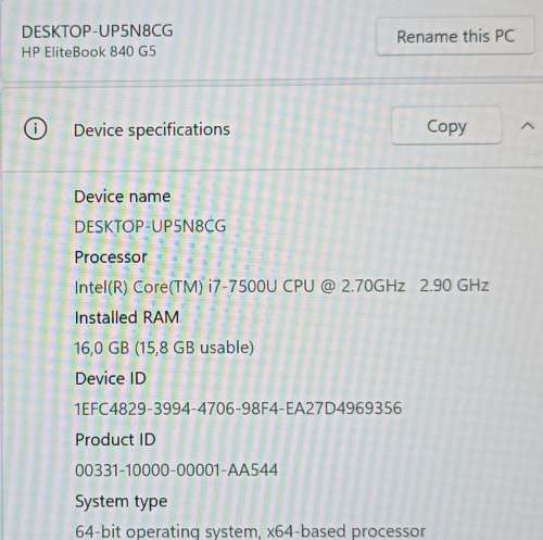 HP EliteBook 840 G5, Intel i7-7500U@2.7GHz, 16GB RAM, NVMe 256GB SSD, 14: FHD LED Display, Win 11Pro