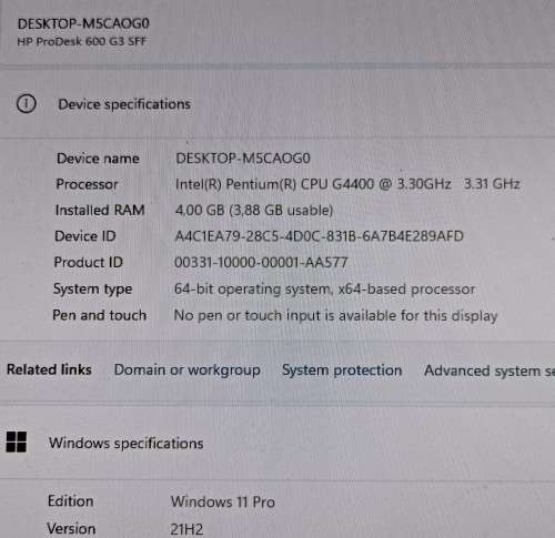 HP ProDesk 600 G3 SFF, Intel Pentium G4400@3.3GHz, 4GB RAM, 500GB HDD, Windows 11 Pro