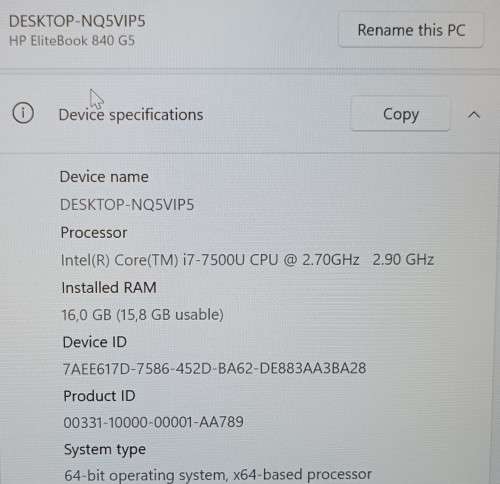 HP EliteBook 840 G5, intel 7th Gen i7-7500U@2.7GHz, 16GB RAM, 256GB NVMe SSD, FHD LED Display, Win11