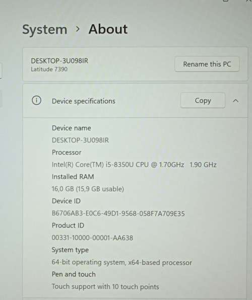 Dell 7390, 13.3` FHD Touchscreen, 8th Gen i5-8350U, 16GB RAM, 256GB m.2 SSD, Windows 11 Professional