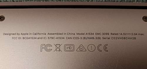 MacBook 12` Retina 2017, Model A1534, Intel i5@1.3GHz, 8GB RAM, 500GB SSD, MacOS High Sierra