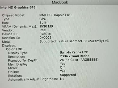 MacBook 12` Retina 2017, Model A1534, Intel i5@1.3GHz, 8GB RAM, 500GB SSD, MacOS High Sierra