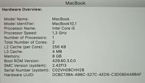 MacBook 12` Retina 2017, Model A1534, Intel i5@1.3GHz, 8GB RAM, 500GB SSD, MacOS High Sierra