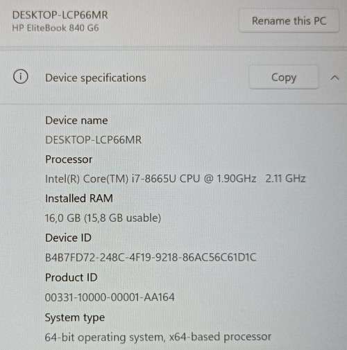 HP EliteBook 840 G6, Intel 8th Gen i7-8665U,16GB RAM, 256GB m.2 SSD, 14` FHD LED Display, Windows 11