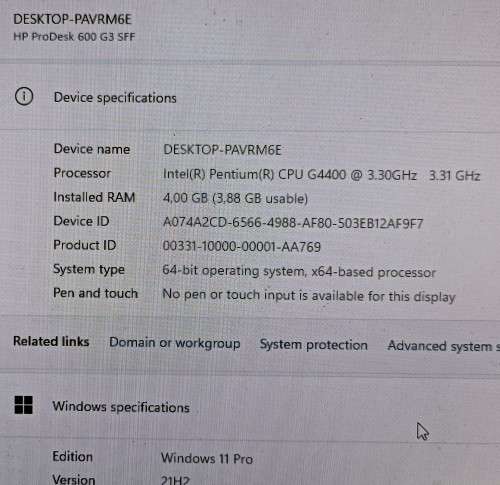 HP ProDesk 600 G3 SFF, Intel Pentium G4400@3.3GHz, 4GB RAM, 500GB HDD, Windows 11 Pro