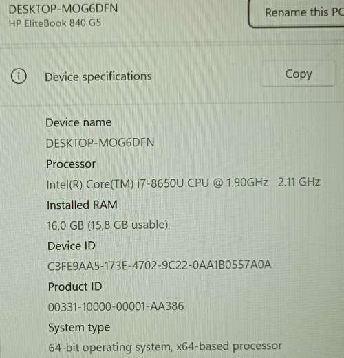 HP EliteBook 840 G5, 8th Gen i7-8650U@1.9GHz, Radeon RX540 2GB GPU, 16GB RAM, 512GB m.2 SSD, FHD