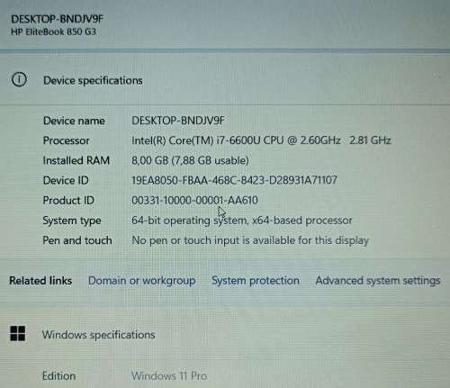 HP EliteBook 850 G3, Intel i7-6600U@2.81GHz, Radeon R7-M365X GPU, 8GB RAM, 256GB m.2 SSD, 15` FHD