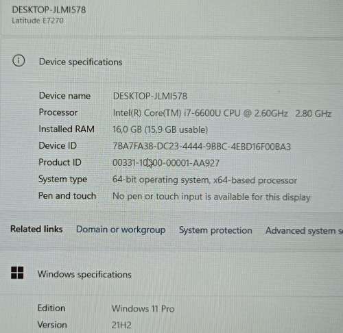 Dell Latitude E7270, Intel i7-6600U@2.8GHz, 16GB RAM, 512GB NVMe SSD, 12.5` FHD Display, Windows 11