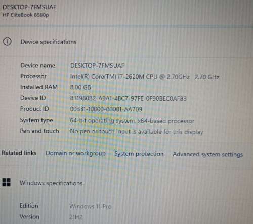 HP EliteBook 8560p, Intel i7-2620M@2.7GHz, Radeon HD 6470 Graphics, 8 GB RAM, 256GB SSD, 15.6` HD