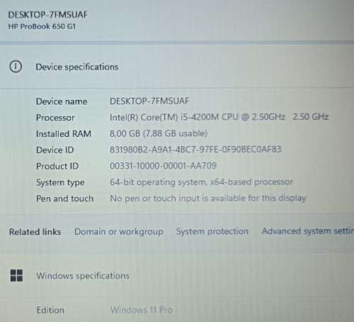 HP ProBook 650 G1, Intel i5-4200M@2.5GHz, 8GB RAM, 240GB SSD, 15.6` HD Display (1366x768), Win 11