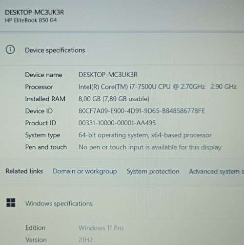 HP EliteBook 850G4, 7th Gen Intel i7-7500U@2.7GHz, 8GB RAM, 256GB NVMe SSD,  500GB HDD, 15.6` FHD