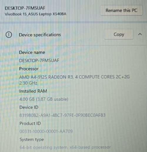 Asus VivoBook 15 X540BA, AMD A4-9125 Radeon R3, 4GB RAM, 1TB HDD, 15.6` HD Display, Windows 11