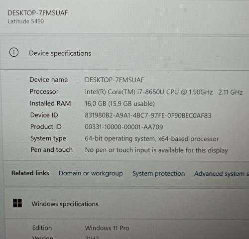 Dell Latitude 5490, 8th Gen i7-8650U@1.9Ghz, 240GB SSD, 16GB RAM, 14` FHD LED Display, Win 11