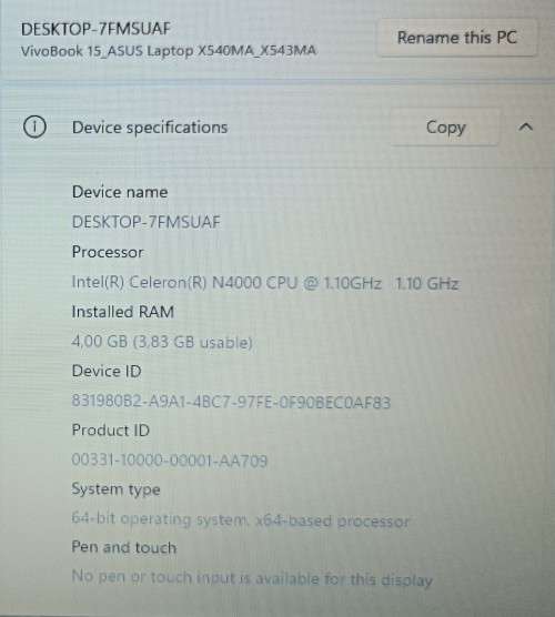 Asus X543MA, Intel Celeron N4000@1.1GHz, 4GB RAM, 240GB SSD, 15.6` HD Display, Windows 11 Pro