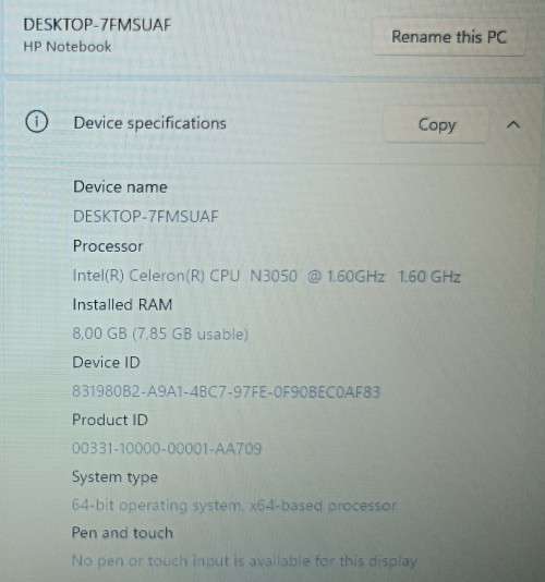 HP Notebook - 15-ac100ni, Intel® Celeron® N3050@1.6GHz, 8GB RAM, 240GB SSD, 15.6` HD Display, Win 11