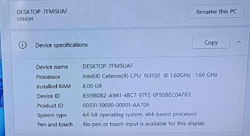 Asus VivoMini UN45H, Intel Celeron N3150@1.6GHz, 8GB RAM, 500GB HDD, Windows 11 Professional
