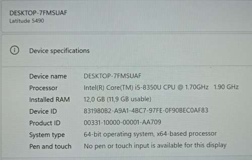 Dell Latitude 5490, 14` FHD Display, 8th Gen i5-8350U@1.7GHz,12GB RAM,180GB SSD, Windows 11 Pro