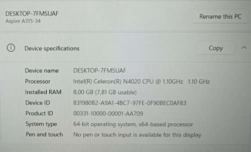 Acer Aspire 3 A315-34, Intel Celeron N4020@1.1GHz, 8GB RAM, 500GB HDD, 15.6` FHD Display, Win 11