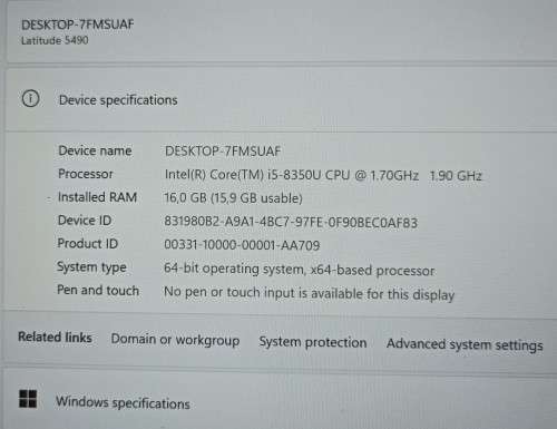 Dell Latitude 5490, 8th Gen i5-8350U@1.9Ghz, 16GB RAM, 256GB NVMe m.2 SSD, 14` FHD Display, Win11