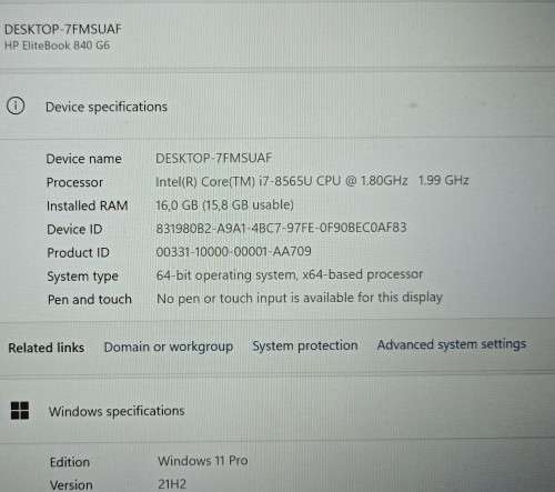 HP EliteBook 840 G6,8th Gen Intel i7-8565U@1.8GHz, 16GB RAM, 256GB m.2 SSD, 14` FHD Display, Win11