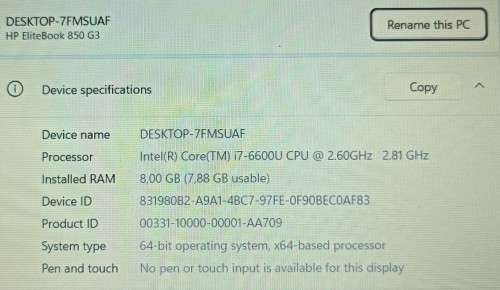 HP EliteBook 850G3, 6th Gen Intel i7-6600U@2.6GHz, 8GB RAM, 500GB SSD, 15.6` FHD Display, Win11