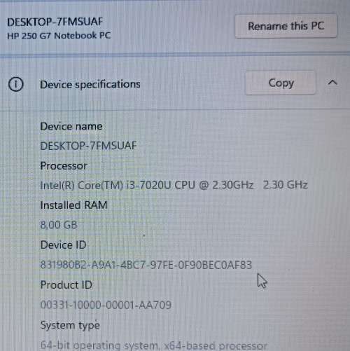 HP 250G7, 7th Gen Intel i3-7020U@2.3GHz, 8GB RAM, 240GB SSG, 15.6` HD Display, Windows 11